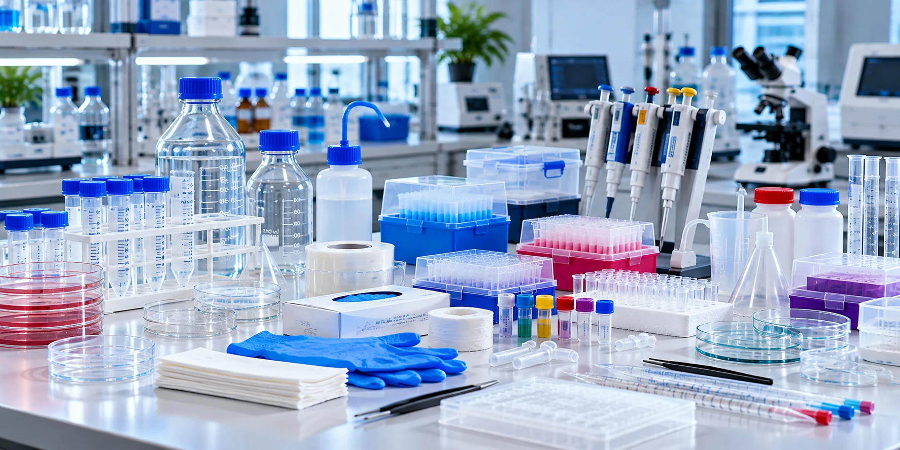 Laboratory bottles and accessories used in scientific research