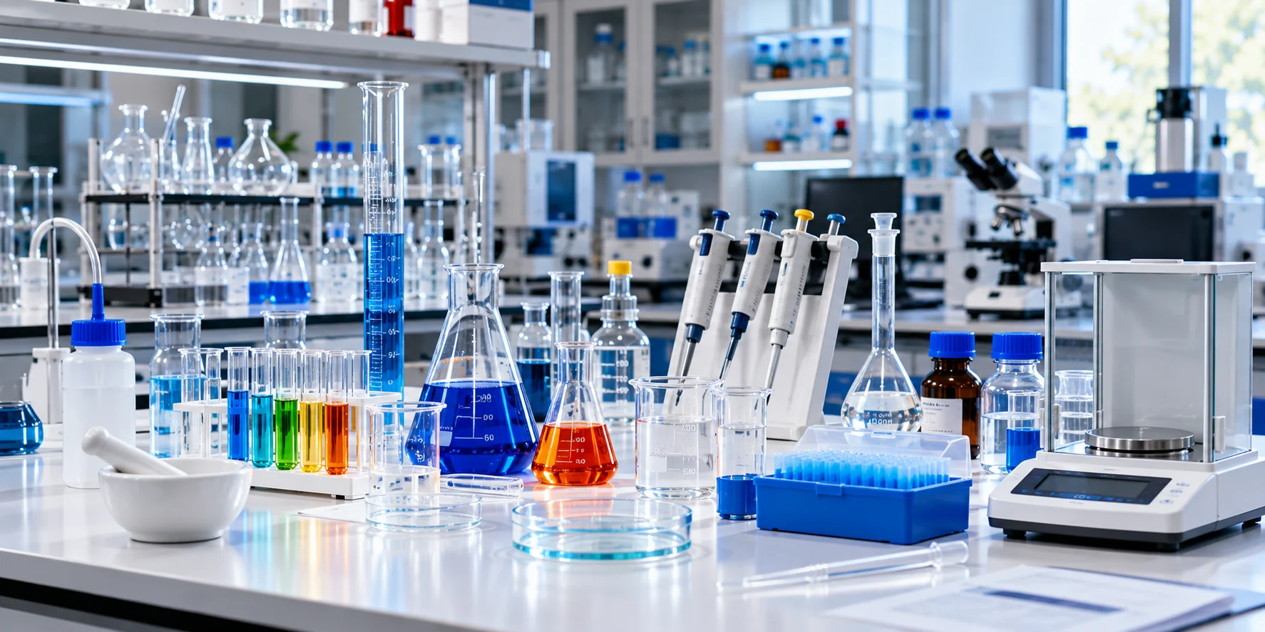 Laboratory glassware and essential scientific equipment